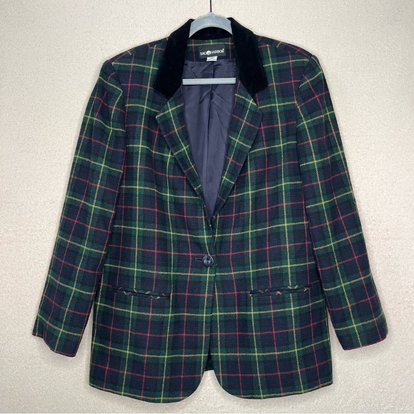 Vintage Sag Harbor Plaid Blazer Jacket-Green/Red-Women’s 12-Christmas-Holidays - Picture 1 of 12